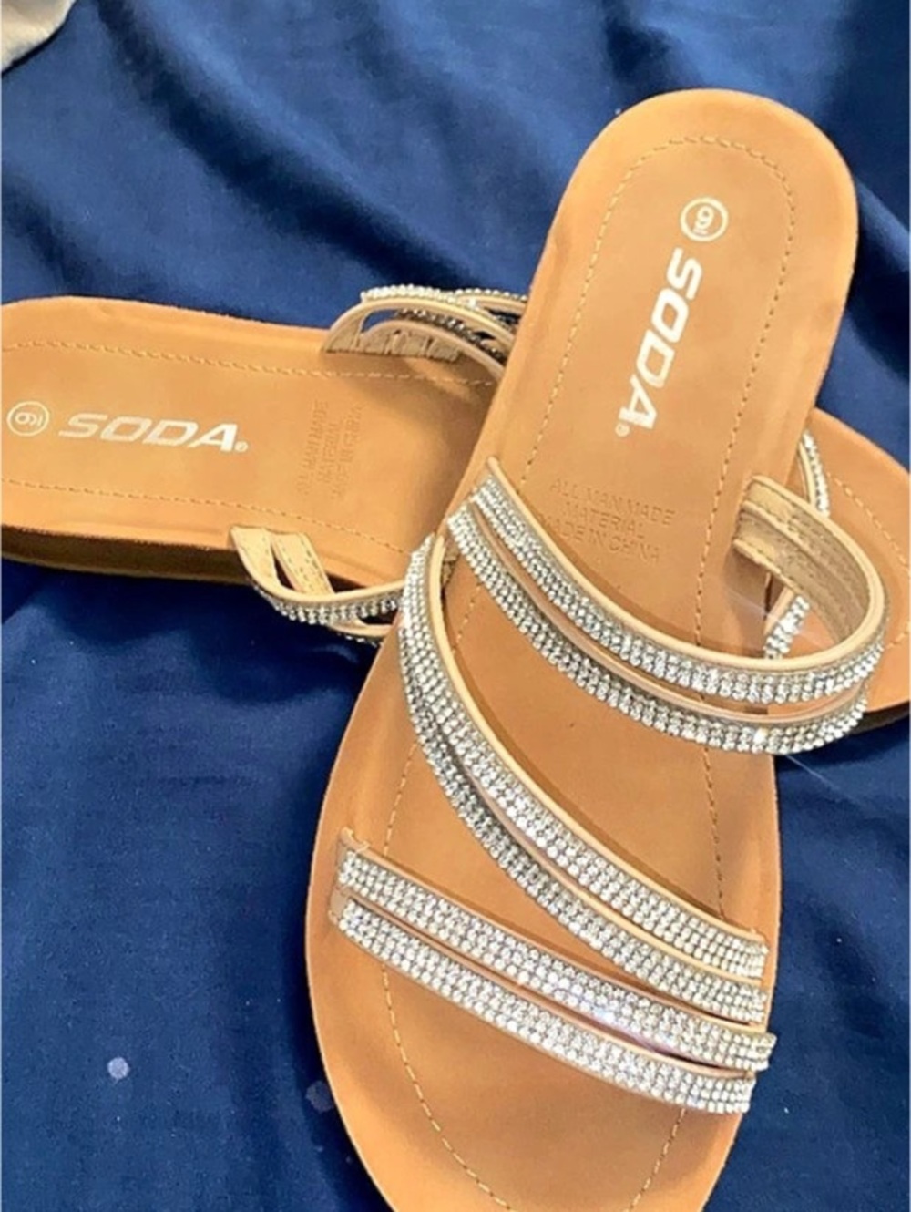 SODA Rhinestone Strap Sandals Brown & Silver